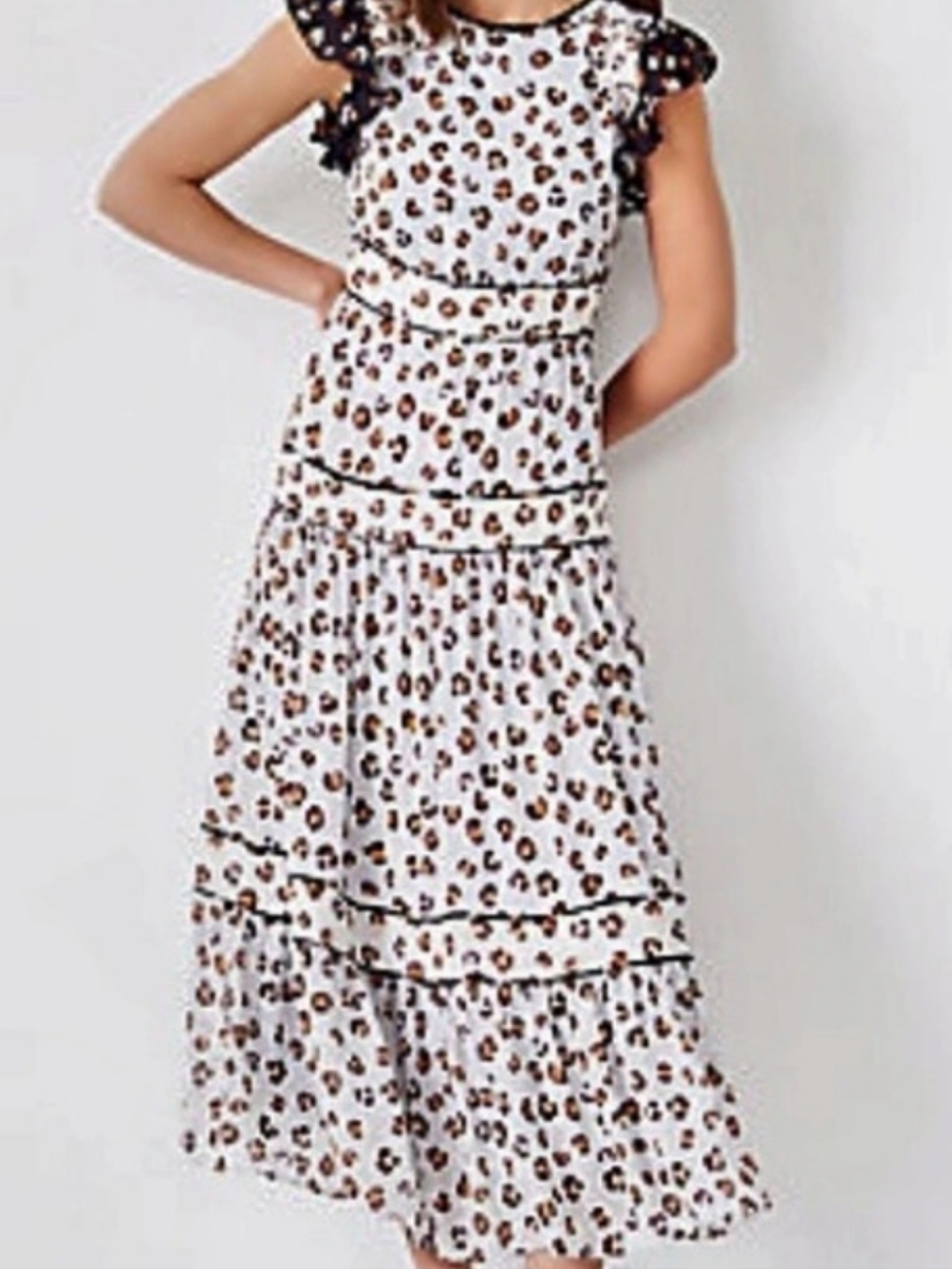 Ann Taylor Mixed Animal Print Ruffle Sleeve Midi Dress in Grey Smoke.